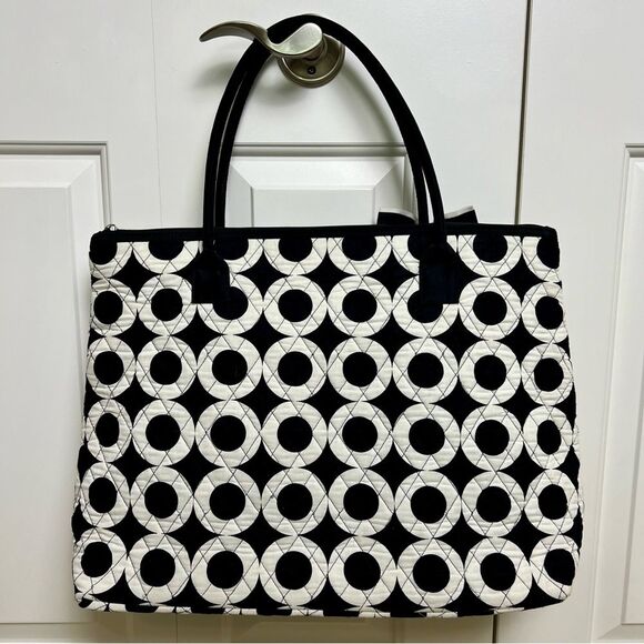 Weekender Travel Bag with Circle Pattern and Bow Tote Overnight Black and White - Picture 2 of 11